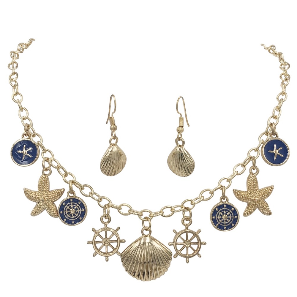 Fashion Jewelry Gold and Navy Nautical Charm Necklace with Shell Drop Earrings
